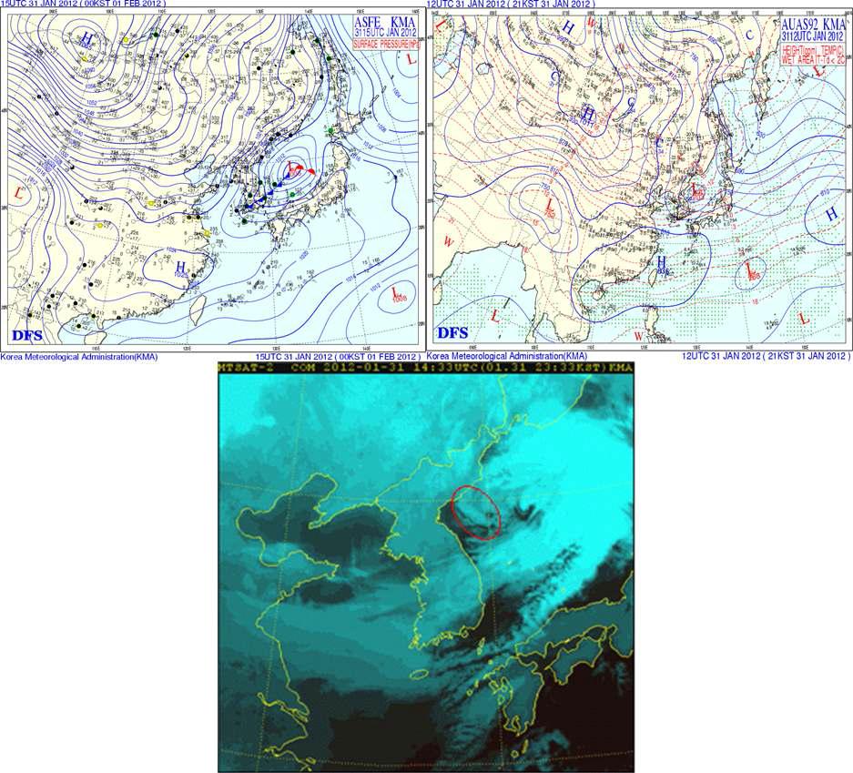 (a) Surface synoptic charts at 0000 KST 1 February 2012. (b) 925 hPa synoptic chart at 2100 KST 31 January 2012. (c) The MTSAT satellite composited image at 2333 KST 31 January 2012.