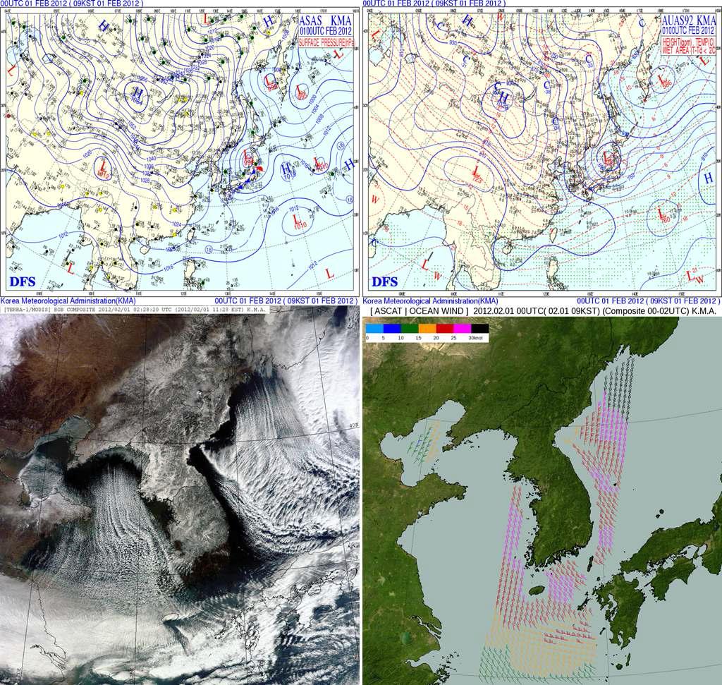 (a) Surface synoptic charts at 0900 KST 1 February 2012. (b) 925 hPa synoptic chart at 0900 KST 1 February 2012. (c) The TERRA/MODIS satellite RGB composited image at 1128 KST 1 February 2012. (d) The ASCAT/Ocean wind satellite composited image at 0900 KST 1 February 2012.