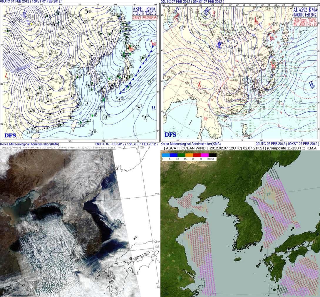(a) Surface synoptic charts at 1500 KST 7 February 2012. (b) 925 hPa synoptic chart at 2100 KST 7 February 2012. (c) The AQUA/MODIS satellite RGB composited image at 1408 KST 7 February 2012. (d) The ASCAT/Ocean wind satellite composited image at 2100 KST 7 January 2012.