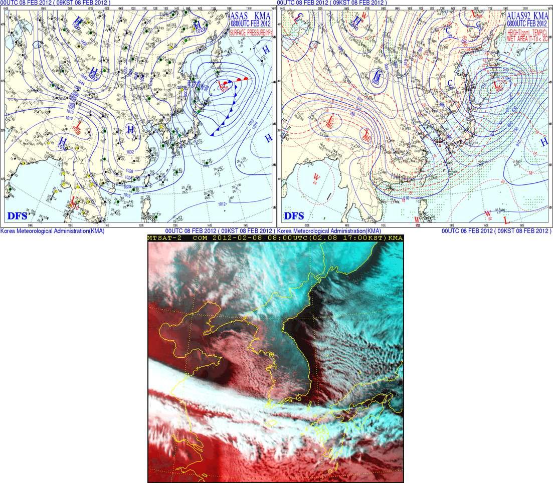 (a) Surface synoptic charts at 0900 KST 8 February 2012. (b) The MTSAT satellite composited image at 1700 KST 8 February 2012. (c) 925 hPa synoptic chart at 0900 KST 8 February 2012.