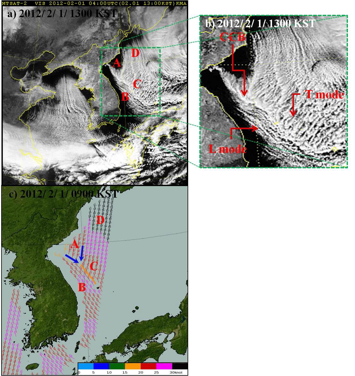 (a, b) The MTSAT-2 satellite visible image and (c) The ASCAT/Ocean wind satellite composited image and solid orange line indicates convergence zone.