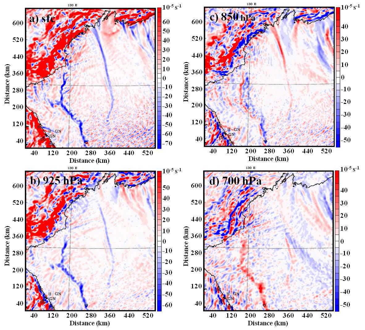 The simulated divergence fields (Domain 4) at the (a) surface, and at the level of (b) 925 hPa, (C) 850 hPa, and (d) 700 hPa valid at 1300 KST 1 February 2012. Divergence and convergence are represented with color shading based on scale at right of the figures, respectively.