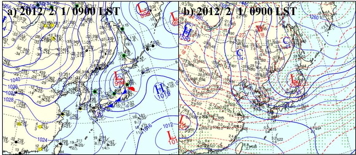 (a) Surface synoptic chart and (b) 850 hPa synoptic chart at 0900 LST 1 February 2012.