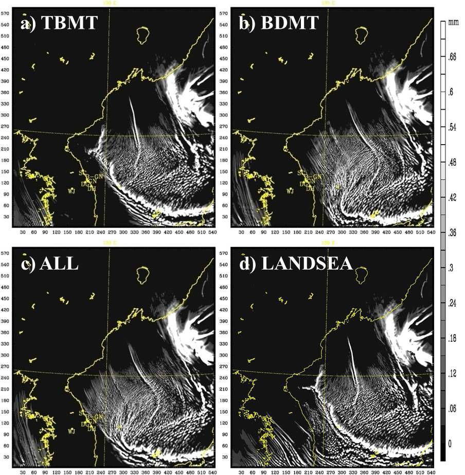 The simulated column integrated precipitation hydrometeors (Qrain, Qsnow, Qgraupel) distributions valid at 1300 LST 1 February 2012, from the (a) TBMT, (b) BDMT, (c) ALL and (d) LANDSEA experiments. The shading denotes integrated precipitation hydrometeors based on the scale (mm) right of figures.