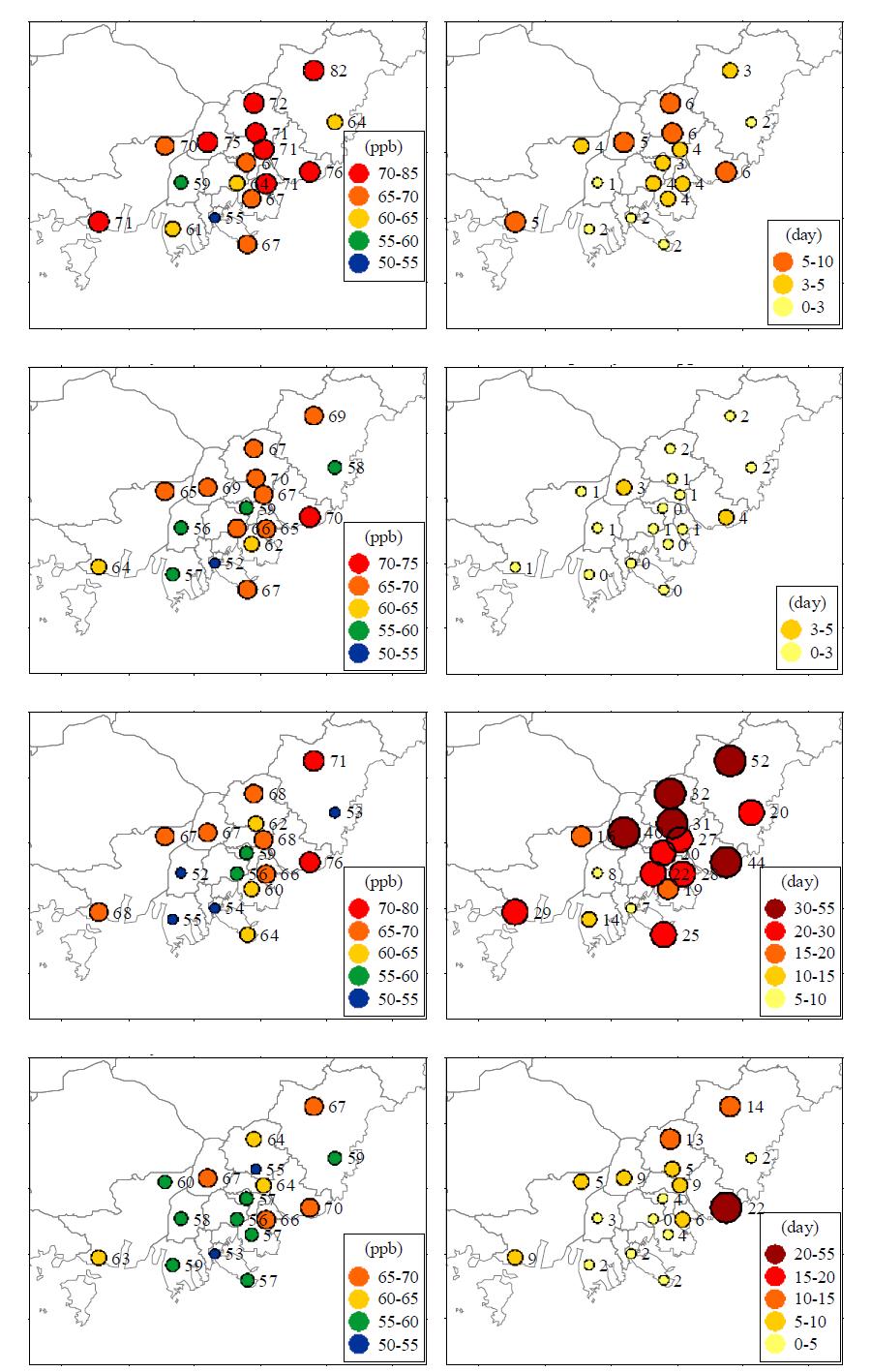 Horizontal distributions of daily 8-hr ozone concentration and frequency exceeding 60 ppb/8-hr for each cluster.