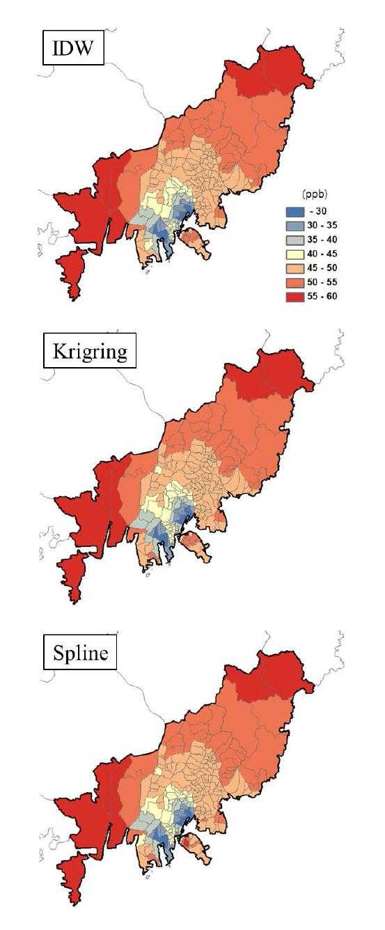 Horizontal ozone distribution obtained from interpolation methods (IDW, Kriging, Spline) using GIS, 4 July 2010.