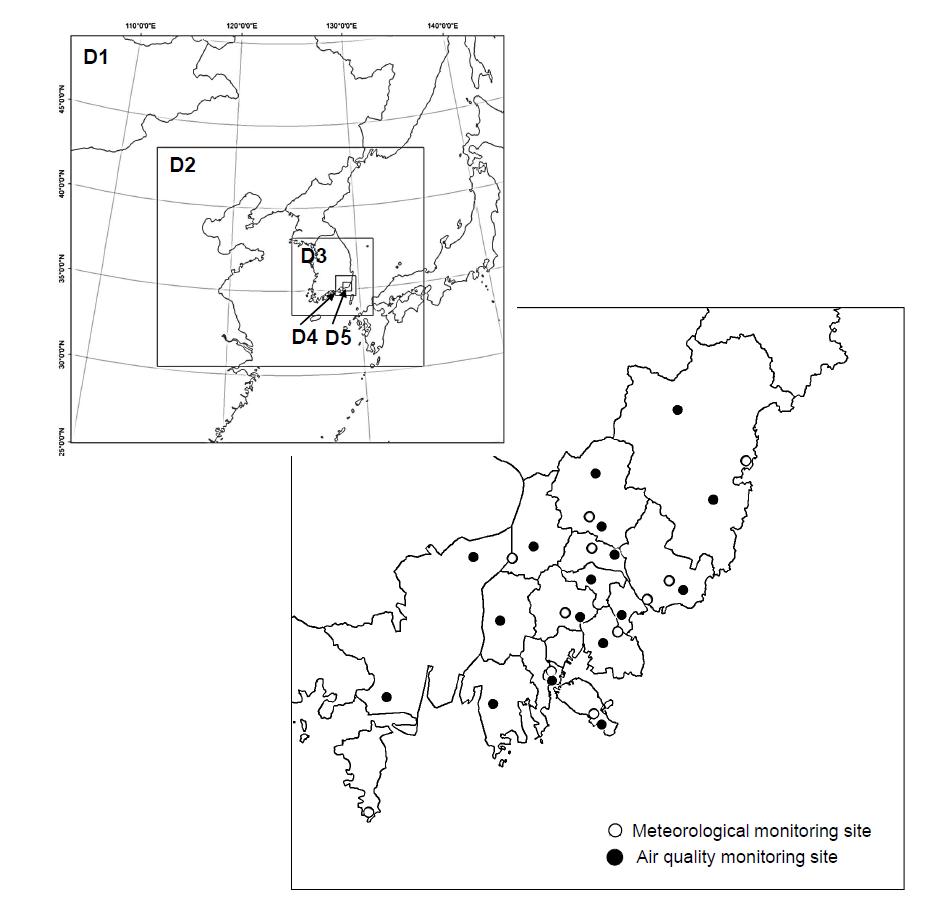 Domain for WRF-CMAQ modeling and meteorological and air quality monitoring site in Busan.