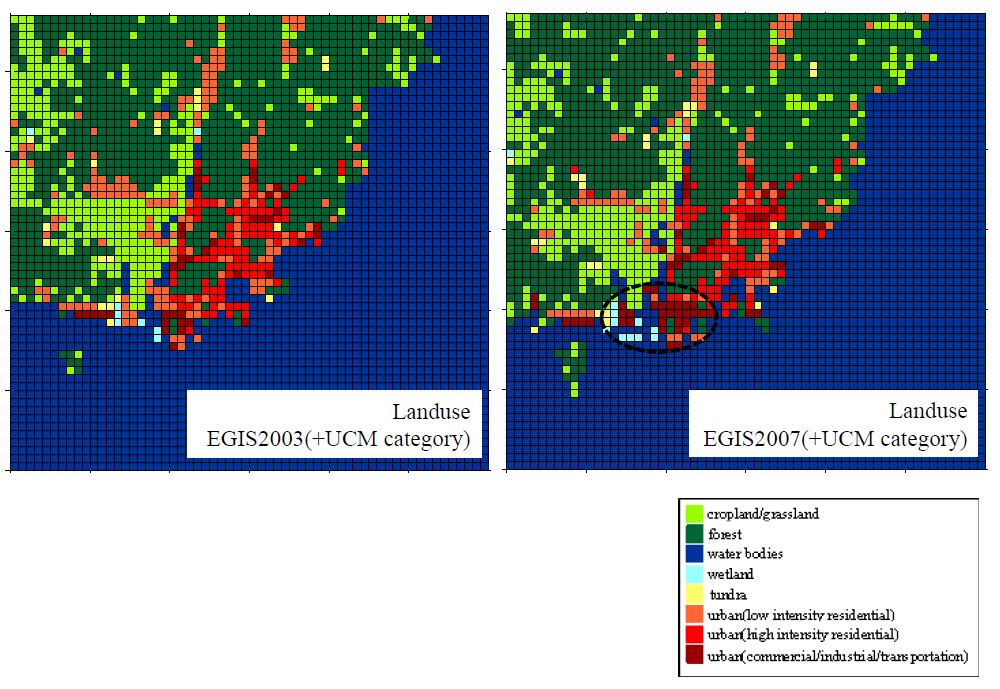 Land use obtained from EGIS(2003) (left) and EGIS(2007) (right).