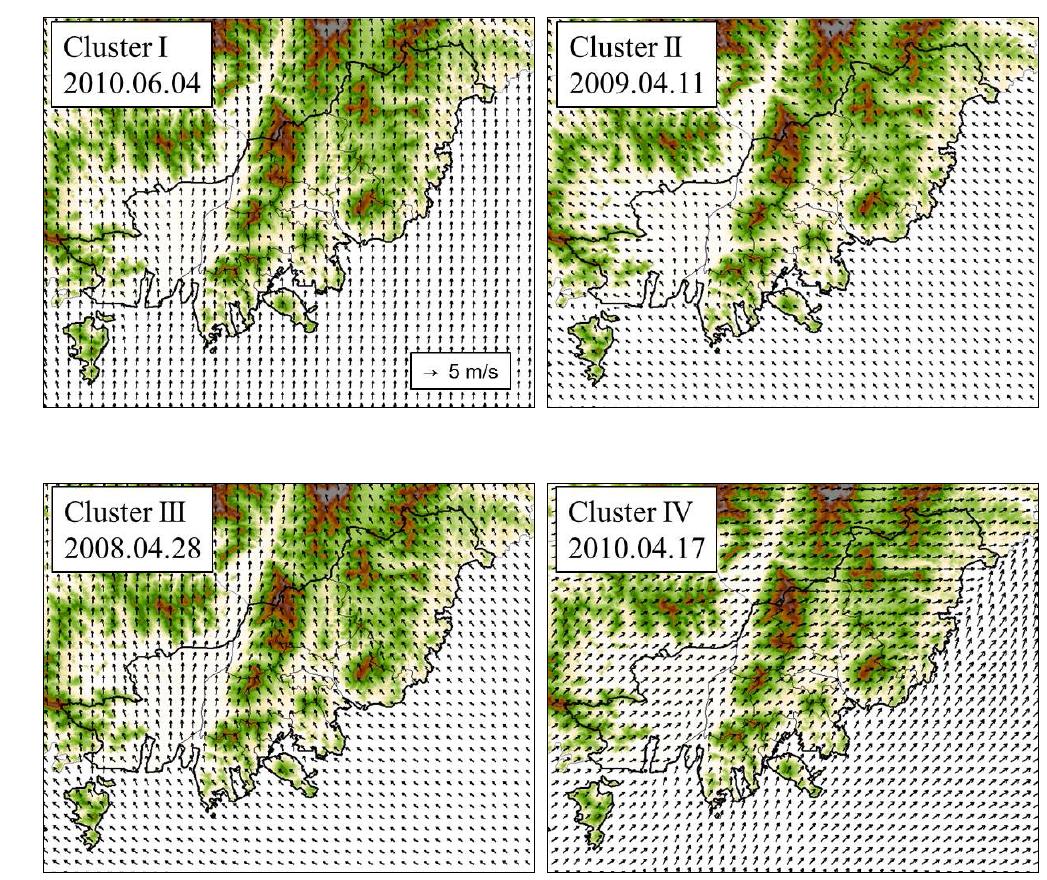 Horizontal wind distribution using WRF at 1500 LST for each episode.