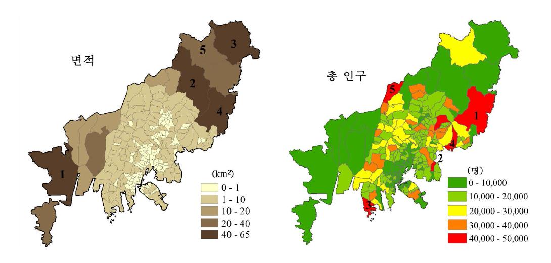 Distributions of area (left) and the total populations (right) in Busan, 2010.