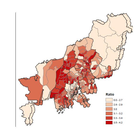 Ratio of productive population and dependent Population in Busan based on Korean registered population data.