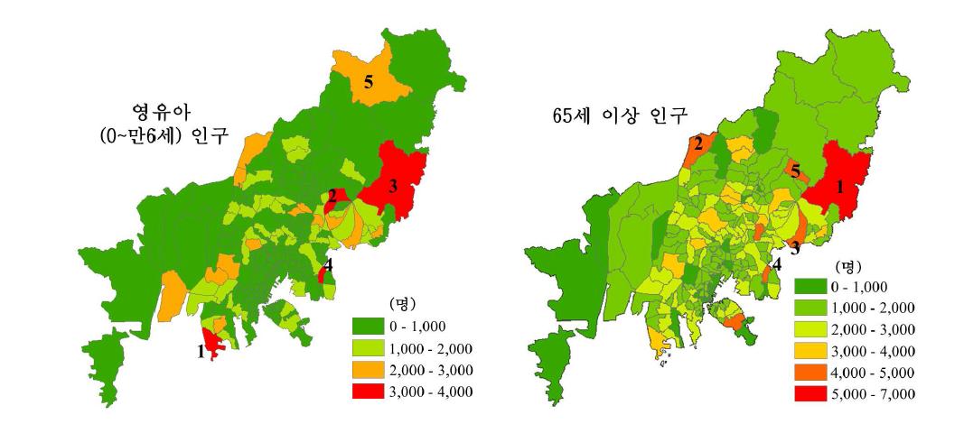 Spatial distributions of the child (0-6 age) and over-65 age population in Busan, 2010.