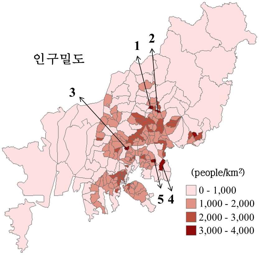 Spatial distributions of the population density in Busan, 2010.