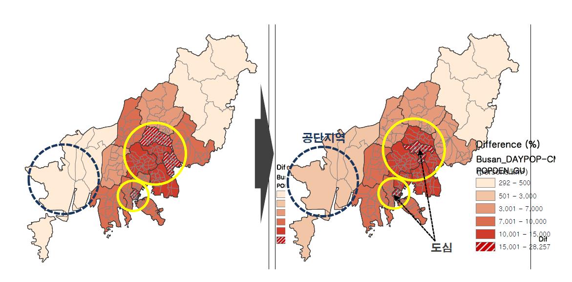 Population density based on Korean registered population data(left) and daytime population density(right) in Busan.