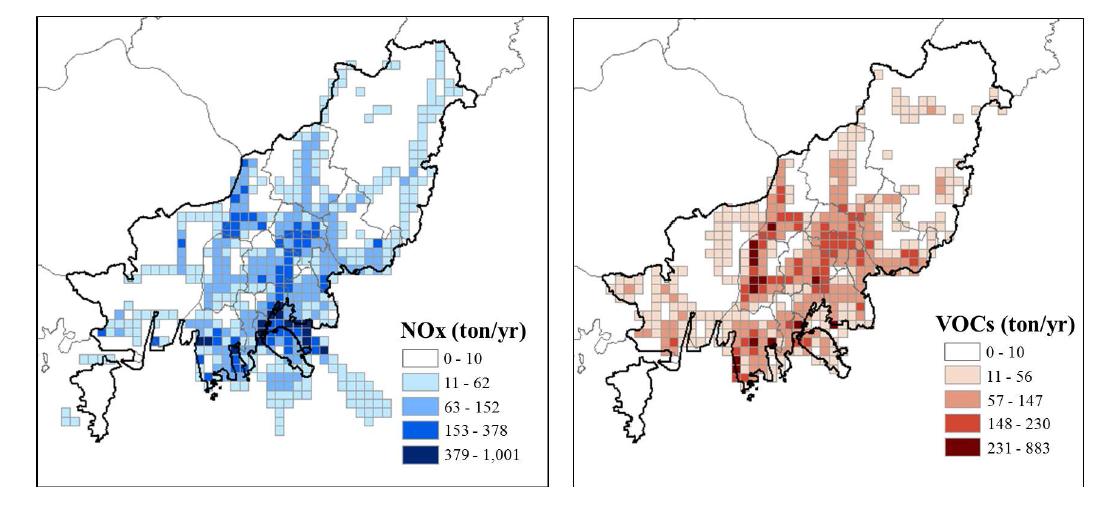 Spatial distributions of total NOx and VOC emissions (ton/yr) in Busan, 2009.