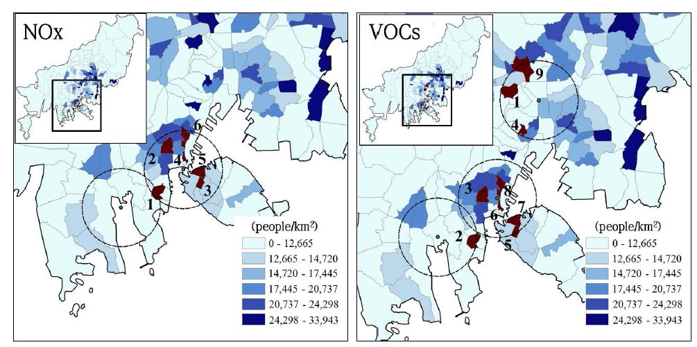 Spatial distributions of the estimated vulnerable areas of potential exposure population to NOx and VOC emissions in Busan.(dashed circles denote high emission areas over 98th percentile)