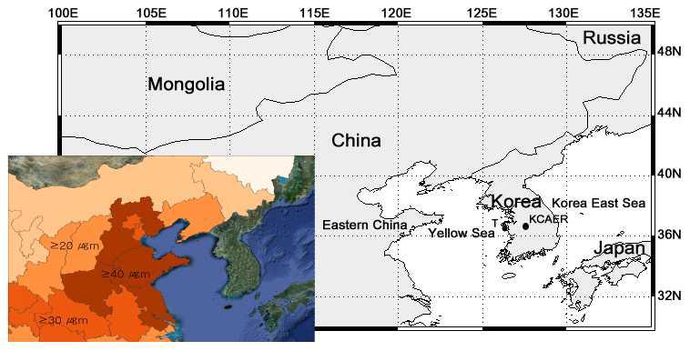 Map of the East Asian region and annual PM2.5 exposure from 2008 to 2010 (van Donkelaar et al. 2010). Tae-ahn (T) and Korea Centre for Atmospheric Research (KCAER) are the background monitoring stations in central Korea.