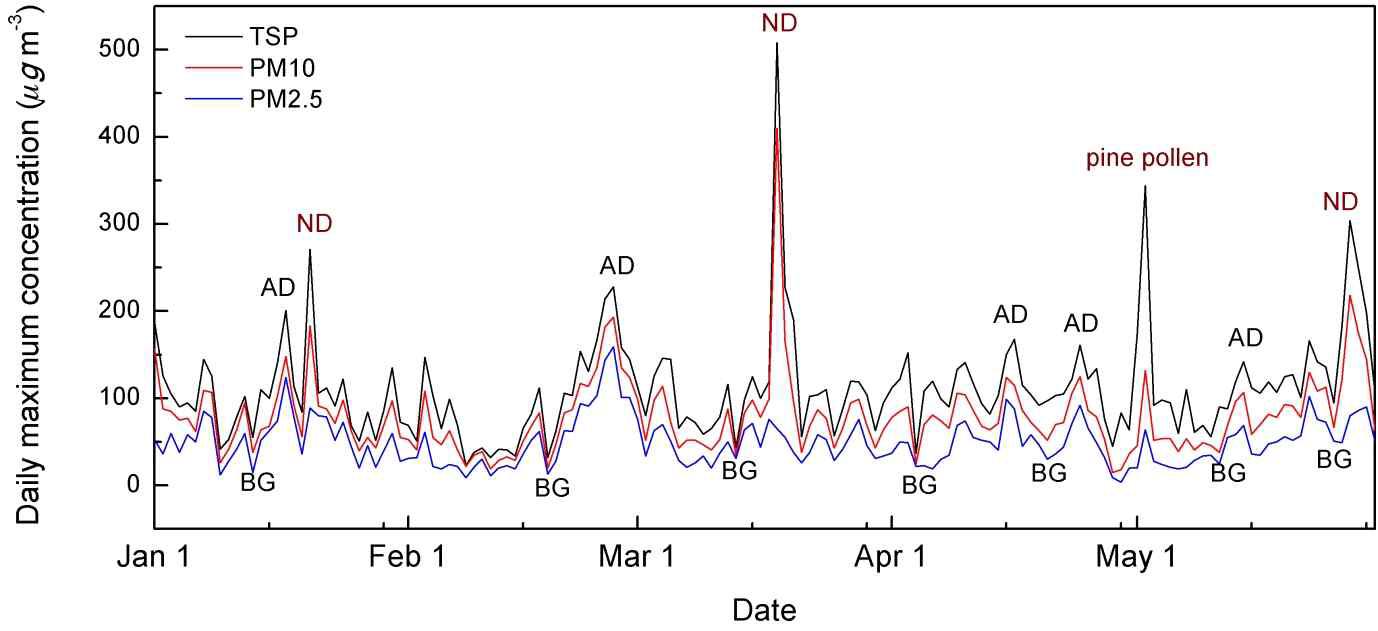 Variations of daily maximum TSP, PM10 and PM2.5 measured at KCAER from January to May in 2014 (AD refers to a anthropogenic dust pollution case; ND refers to a natural dustfall case; BG refers to a background airflow case).