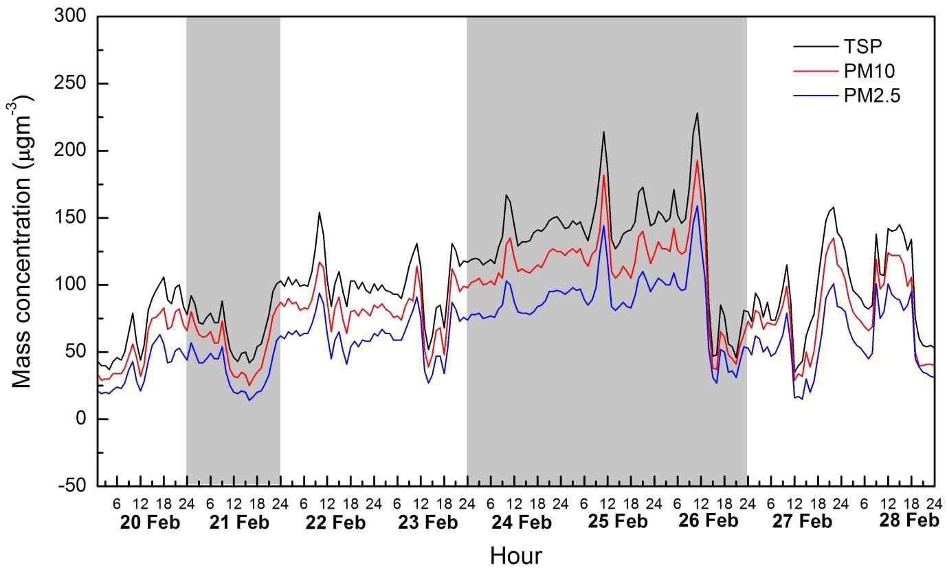 Variations of hourly TSP, PM10 and PM2.5 mass concentrations measured at KCAER between February 20 and 28, 2014. Gray areas are the background airflow case and anthropogenic dustfall case.