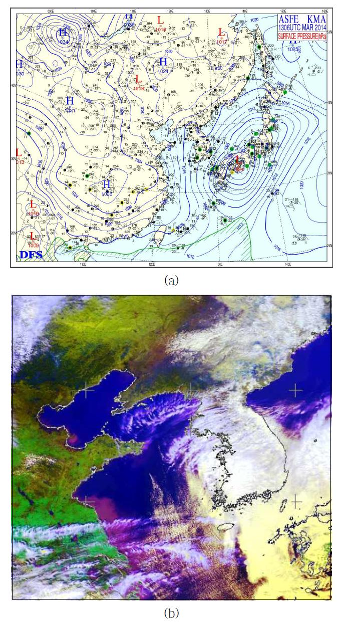 (a) A surface meteorological chart (1500 LST) and (b) NOAA satellite RGB-composite image (1425 LST) showing the north-northeasterly airflow over the Yellow Sea region and rainfall in central Korea on March 13, 2014.