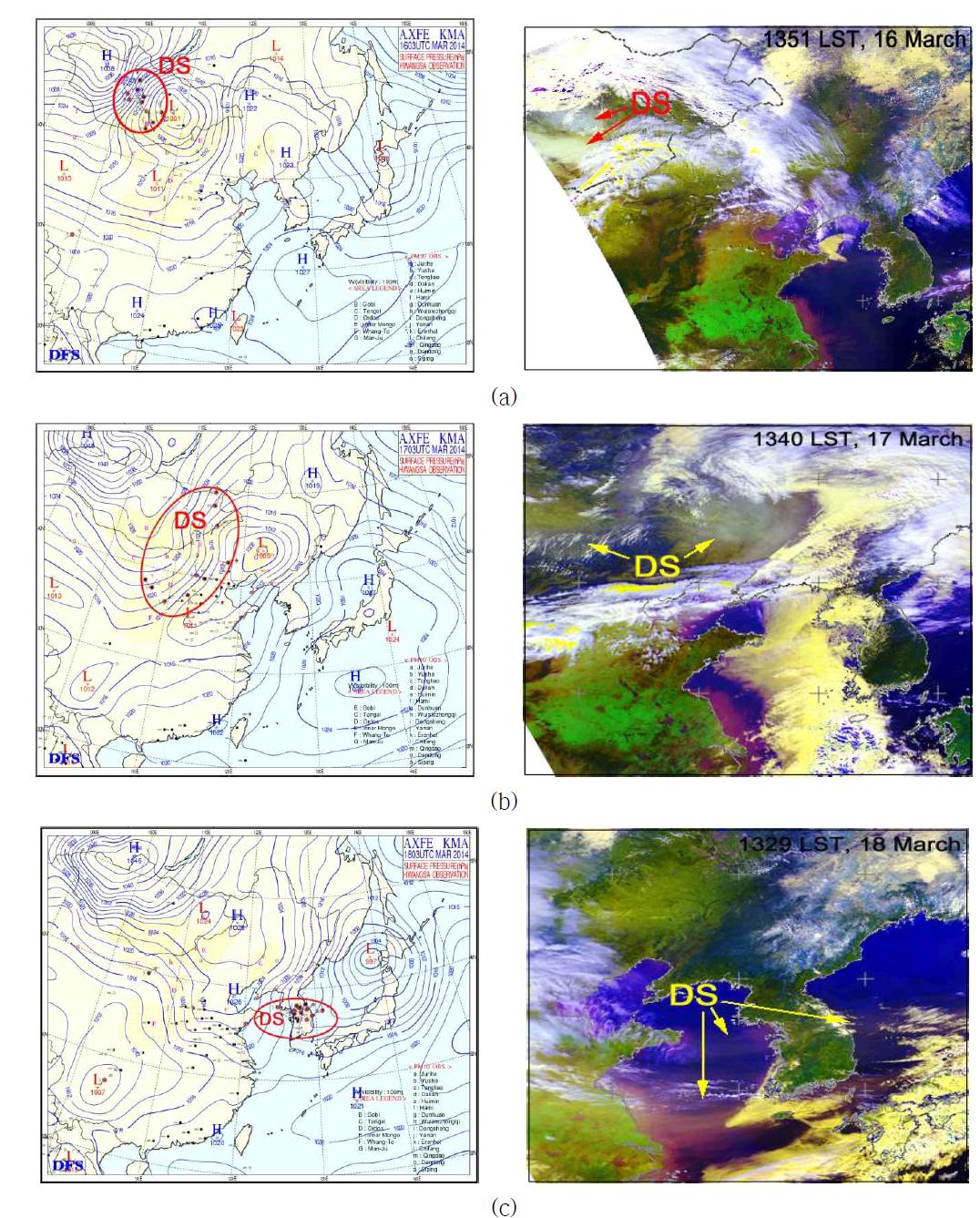 Surface meteorological charts (left) and NOAA satellite RGB-composite images (right) showing the occurrence and transport of dust storms (DS) over the East Asian region between March 16 and 18, 2014.