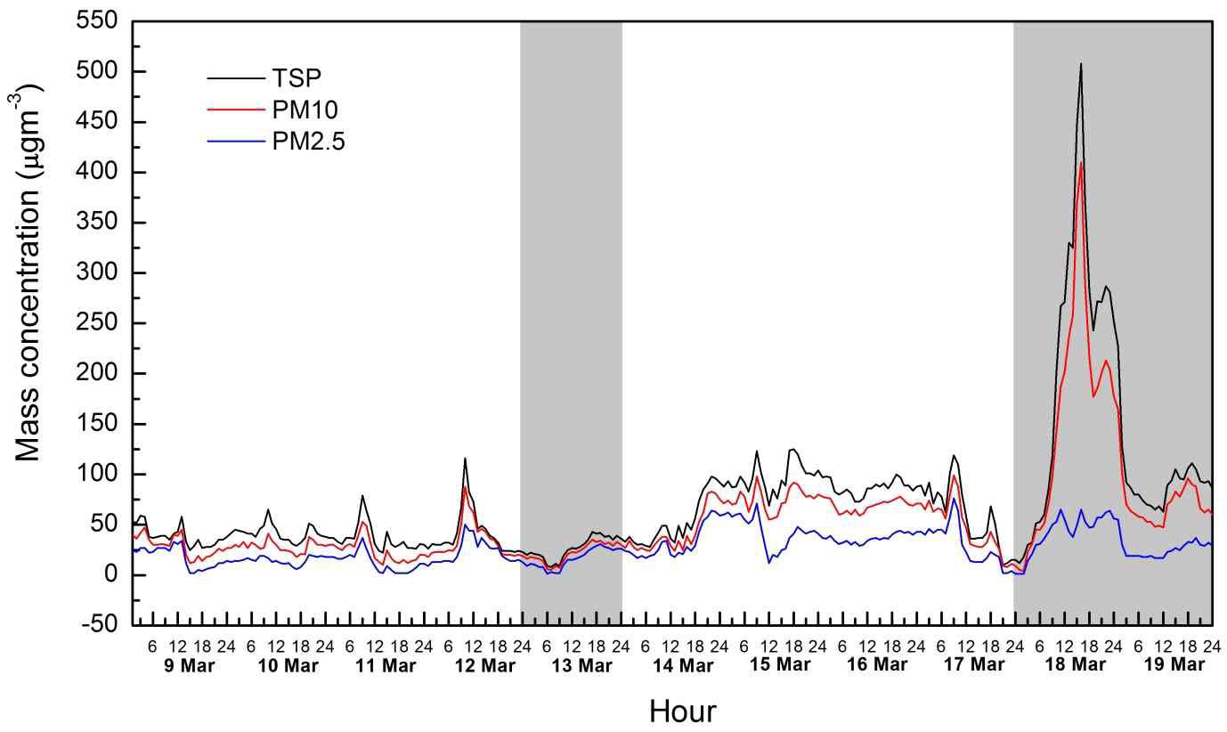 Variations of hourly TSP, PM10 and PM2.5 mass concentrations measured at KCAER between March 9 and 19, 2014. Gray areas are the background airflow case and natural dustfall case.