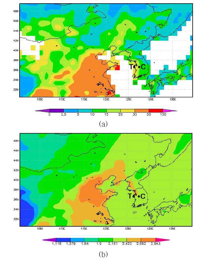 Distribution of columnar (a) mass concentration (㎍cm-2)and (b) CO (molecules cm-2) retrieved by Aqua MODIS and AIRS Level-3 data in East Asia in 2010. The sites of the Tae-ahn Peninsula (T) and Cheongju (C) are located in central Korea.