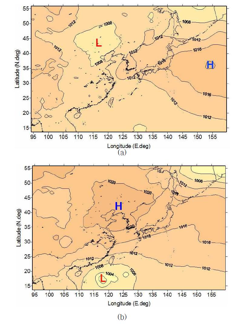 Composite surface pressure for (a) a-CPA and (b) a-RPA observed in Cheongju in central Korea in 2010