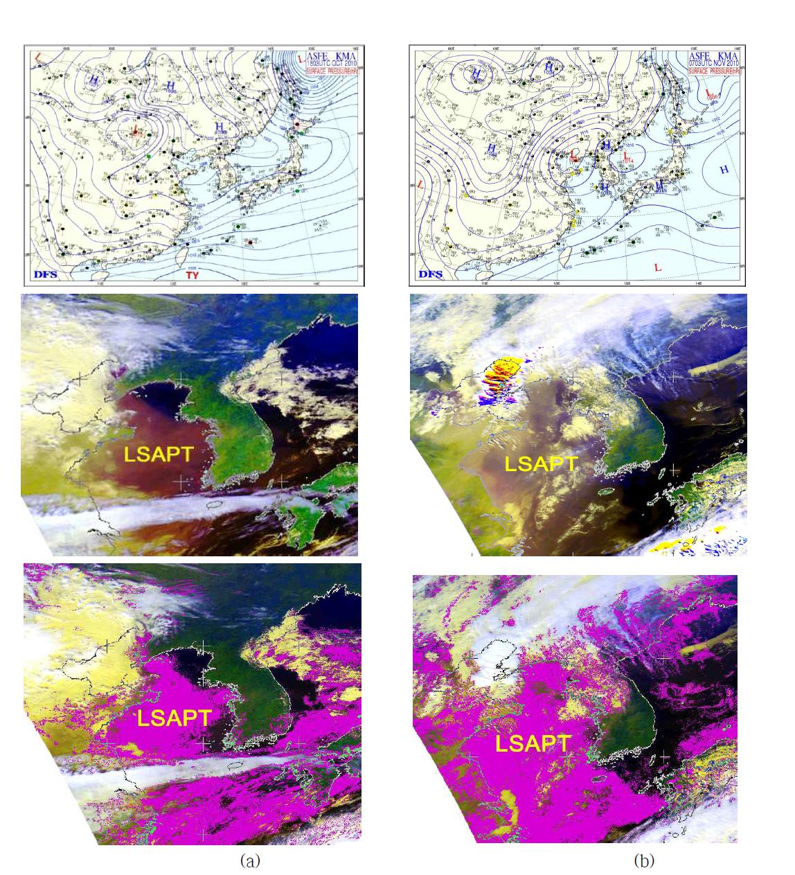 Large-scale air pollutants transport (LSAPT) originating from eastern China observed by using meteorological charts (top), NOAA satellite RGB-composite images (middle), and BTD (bottom) on (a) October 18 and (b) November 7, 2010.