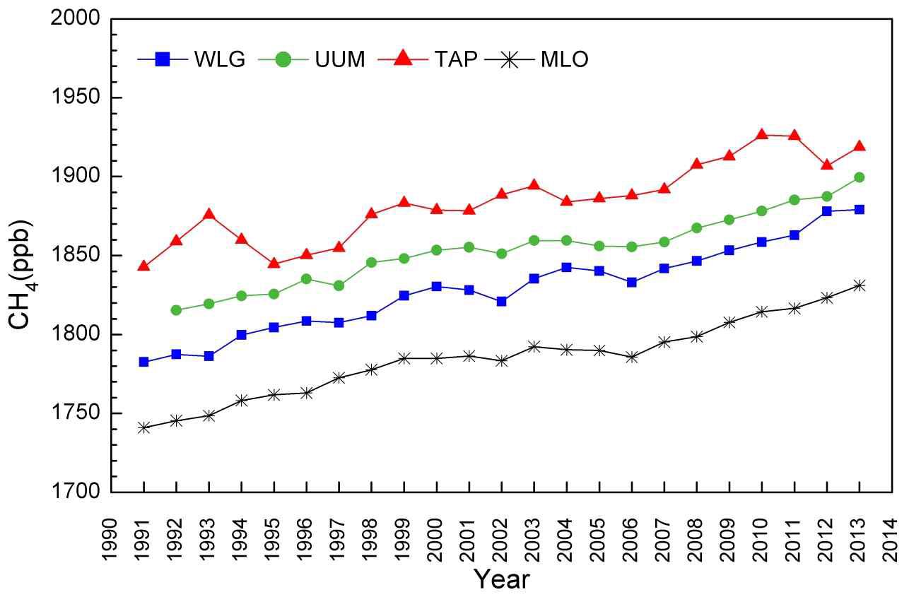 Annual average CH4concentrations at WLG, UUM, TAP and MLO for 1991 ~ 2013.