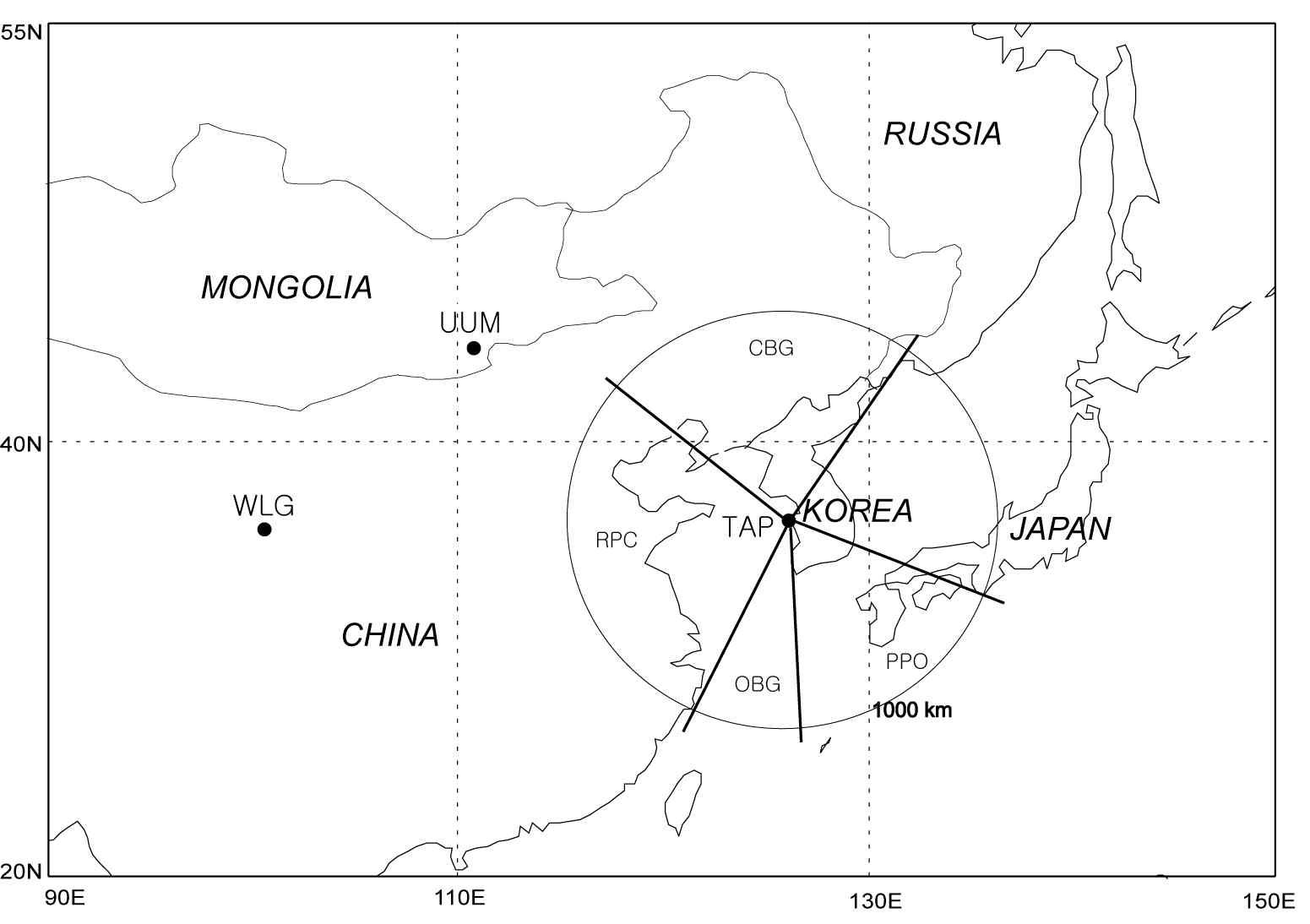 Geographic locations of the monitoring sites in the East Asian region.