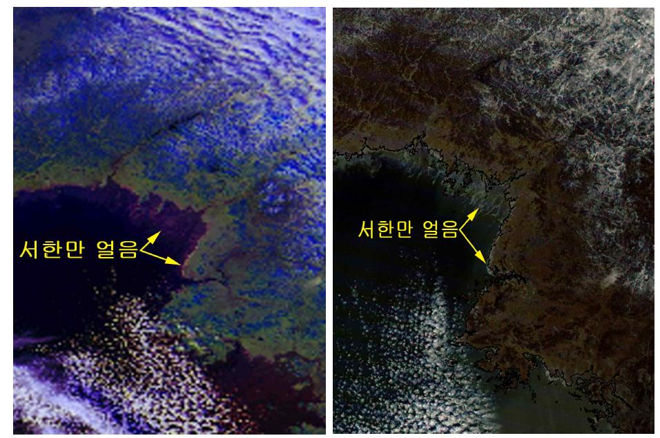 Satellite images (left; NOAA satellite RGB composite image, right; Terra MODIS RGB composite image) showing the formation of sea ice in the West Korea Bay in 4 February 2014.