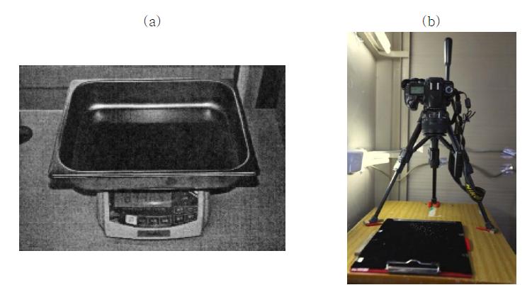 (a) Scale, pan and (b) Nikon D80 camera installed in a darkroom.