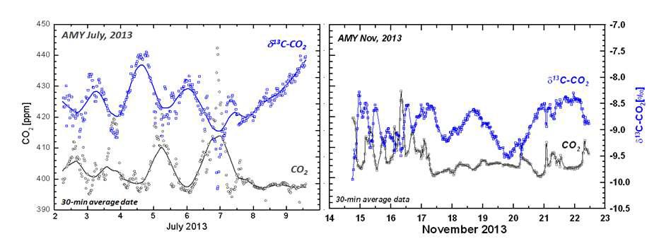 안면도에서 실시간 관측된 iCRDS의 CO2 농도 및 탄소동위원소를 보인 그림.