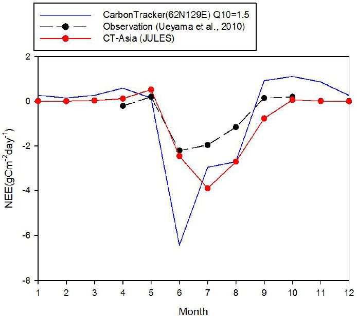 Monthly variations of NEE from CarbonTracker-Asia. Blue solid line represents result of CTL experiment (using CASA output for terrestrial biosphere fluxes), red dashed line represents result of sensitivity experiment (using JULES output for terrestrial biosphere fluxes) and black dots indicate Monthly NEE observed by Ueyama et al