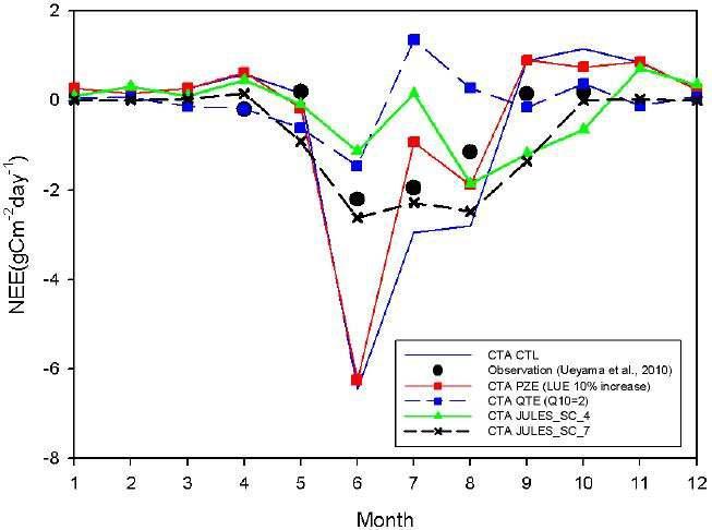 Monthly variations of NEE from CarbonTracker-Asia. Blue solid line represents result of CTL experiment, red solid line represents result of PZE experiment (Light Use Effeciency 10% increase).