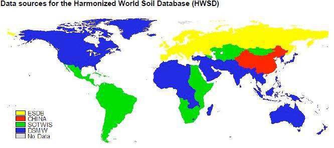 Data sources for the Harmonized World Soil Database (HWSD) and partitioning represents data source from each information