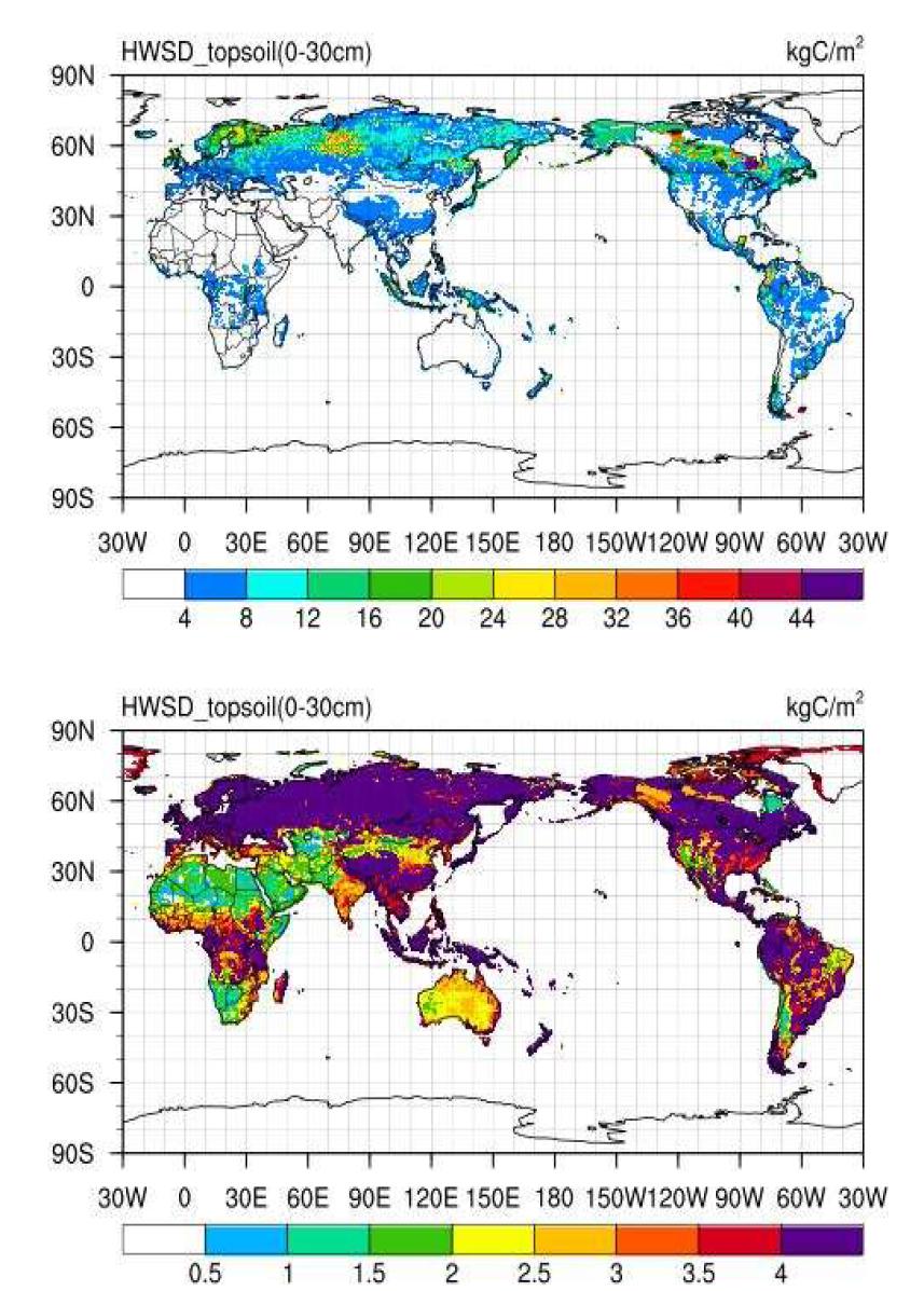 Distribution of the global soil carbon of top soil layer.