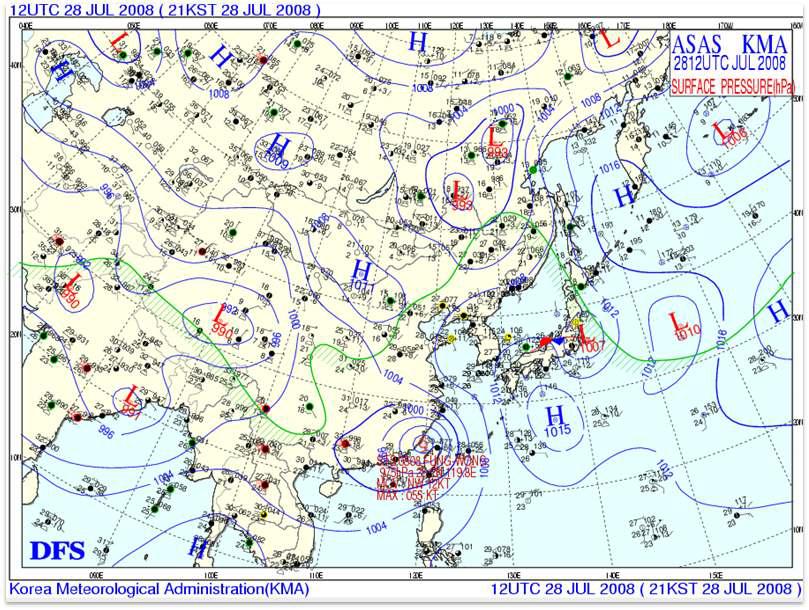 Weather chart on 28th July, 2008