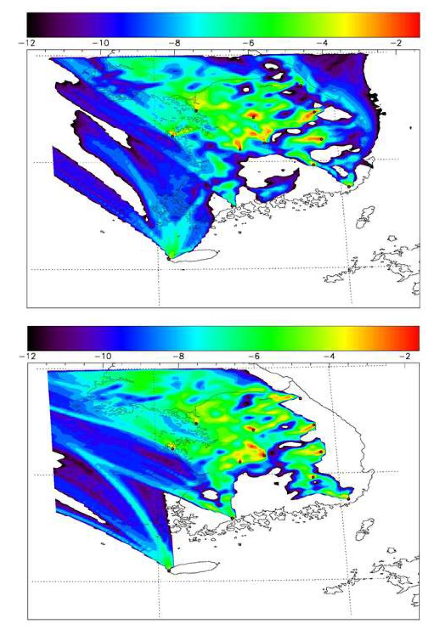 Tower footprints in log(gCO2.km-2.day-1) for February 1-5 (above) and 11-15 (below), 2008