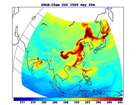 대기화학-수송 모형인 GEOS-Chem nested module을 활용한 약 50km 공간해상도에서 CO2 농도를 수치 모의한 결과