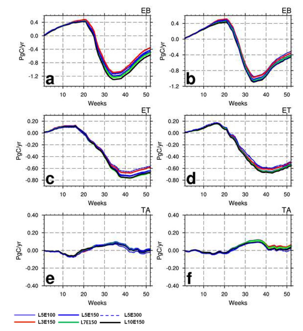 Weekly Cumulative optimized biosphere fluxes (Pg C) of each experiment over (a) Eurasian Boreal (EB) region, (c) Eurasian Temperate (ET) region, and (e) Tropical Asia (TA) region of experiments with original localization scheme and (b) EB, (d) ET, (f) TA region of experiments with new localization scheme in 2007.