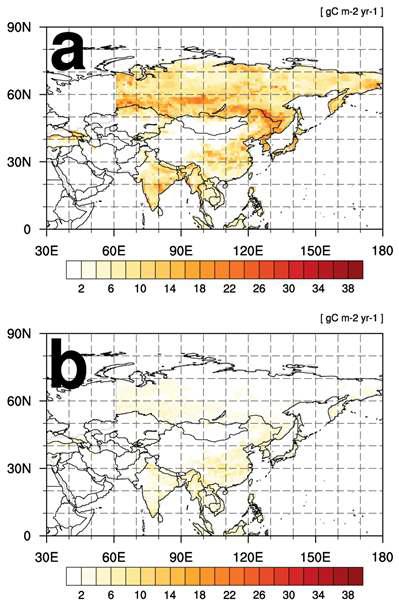 The standard deviation of optimized surface biosphere fluxes (g C m-2 yr-1) between experiments of (a) JJA and (b) DJF in 2007.