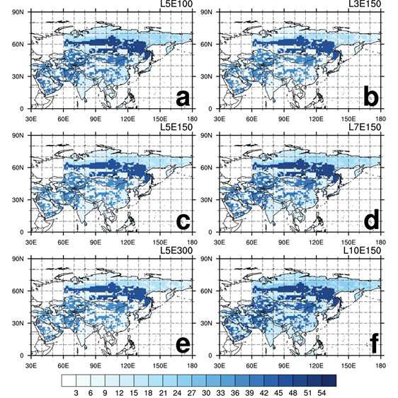 Error reduction for of (a) L5E100, (b) L3E150, (c) L5E150, (d) L7E150, (e) L5E300, and (f) L10E150 in Asia in 2007.