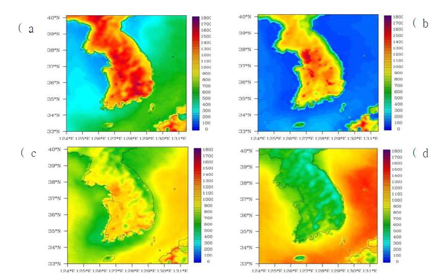 Seasonal mean distributions of the diurnal range of model PBLH over Korean Peninsula and its surrounding ocean during the period June 2010 – May 2011. (a)-(d) correspond to spring, summer, fall and winter, respectively