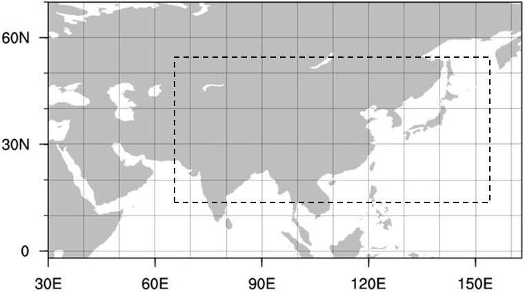 Domain 2 area in CarbonTracker-Asia system and dashed line represents high resolution domain (domain 3) over East Aisa region.