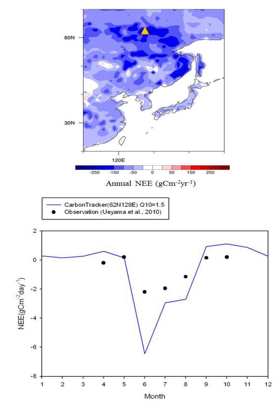 Distribution of annual Net Ecosystem Exchange (NEE; above) and Monthly variations of NEE (below) from CarbonTracker-Asia.