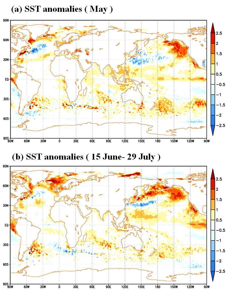 Observed SST anomalies during (a) may and (b) 15 June-31 July for 2014.