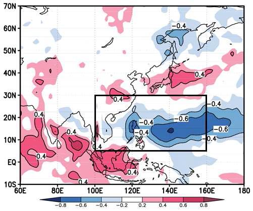 Map of correlation between WNPSH (GPH at 850 hPa averaged over 100°∼ 160°E, 5°∼30°N) and precipitation using NCEP/NCAR reanalysis over 1979∼2013.