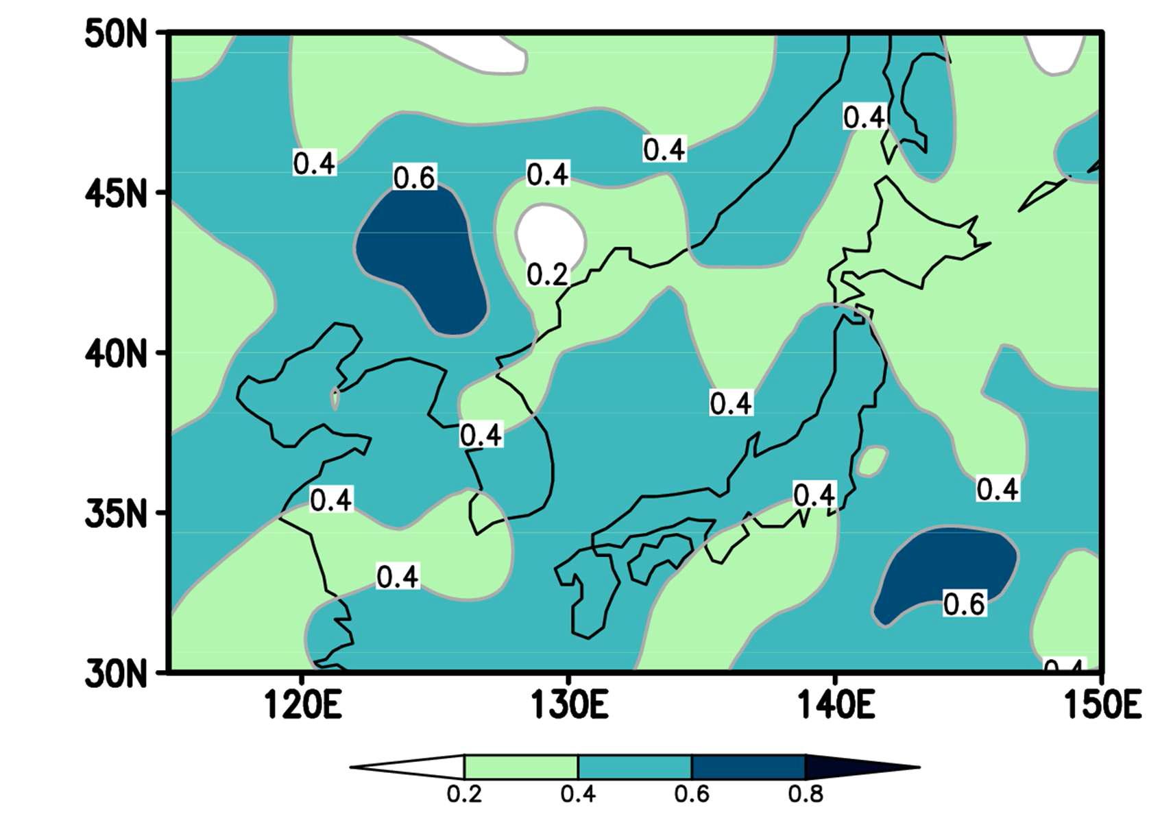 Maps of the point-by-point correlation coefficients between summer (JJA) precipitation anomalies from CMAP and the CCA model for the period 1982∼2008.